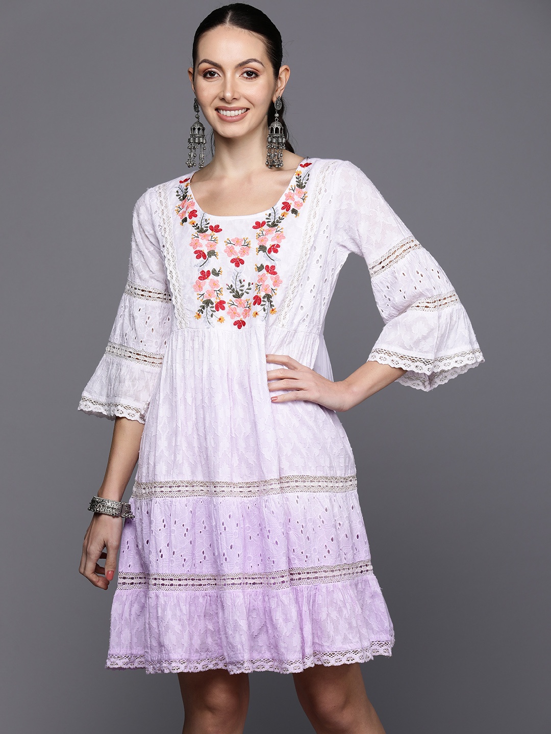 Indo Era Ombre Floral Embroidered Lace Insert & Schiffli Detail Tiered A-Line Dress, White
Indo Era Ombre Floral Embroidered Lace Insert & Schiffli Detail Tiered A-Line Dress, White