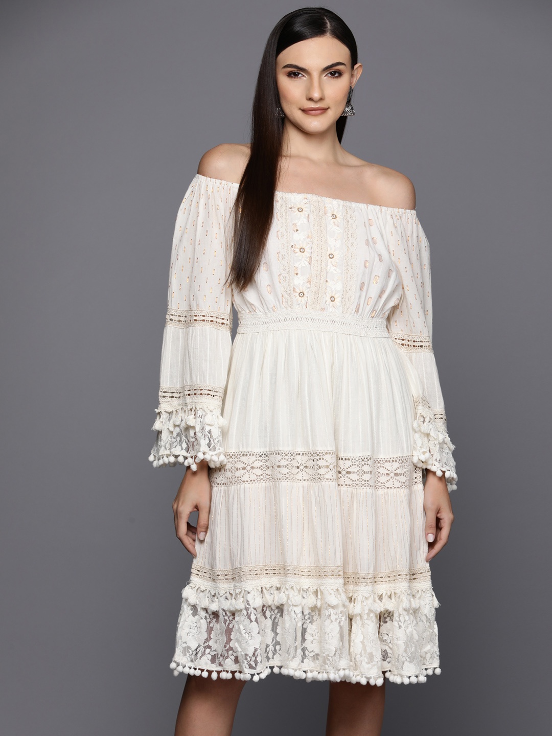 Indo Era Floral Embroidered Off-Shoulder Flared Sleeves With Pom-Pom Detail A-Line Dress, Off white
Indo Era Floral Embroidered Off-Shoulder Flared Sleeves With Pom-Pom Detail A-Line Dress, Off white