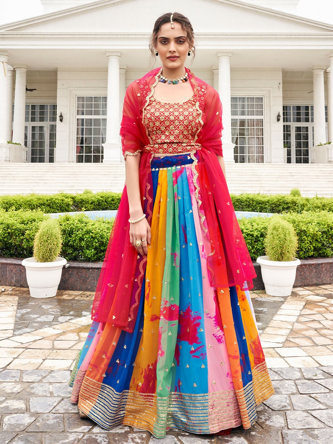 ODETTE Sequinned Embellished Semi-Stitched Lehenga & Unstitched Blouse With Dupatta, Red