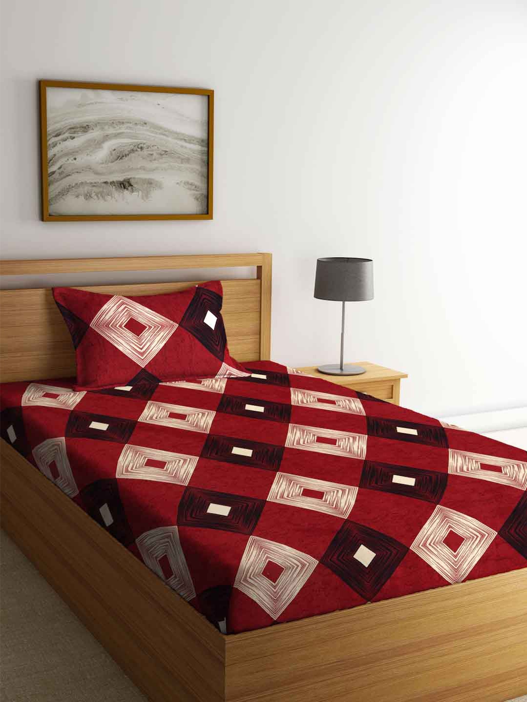 FABINALIV Maroon & Beige Geometric Printed 300 TC Single Bedsheet & Pillow Cover