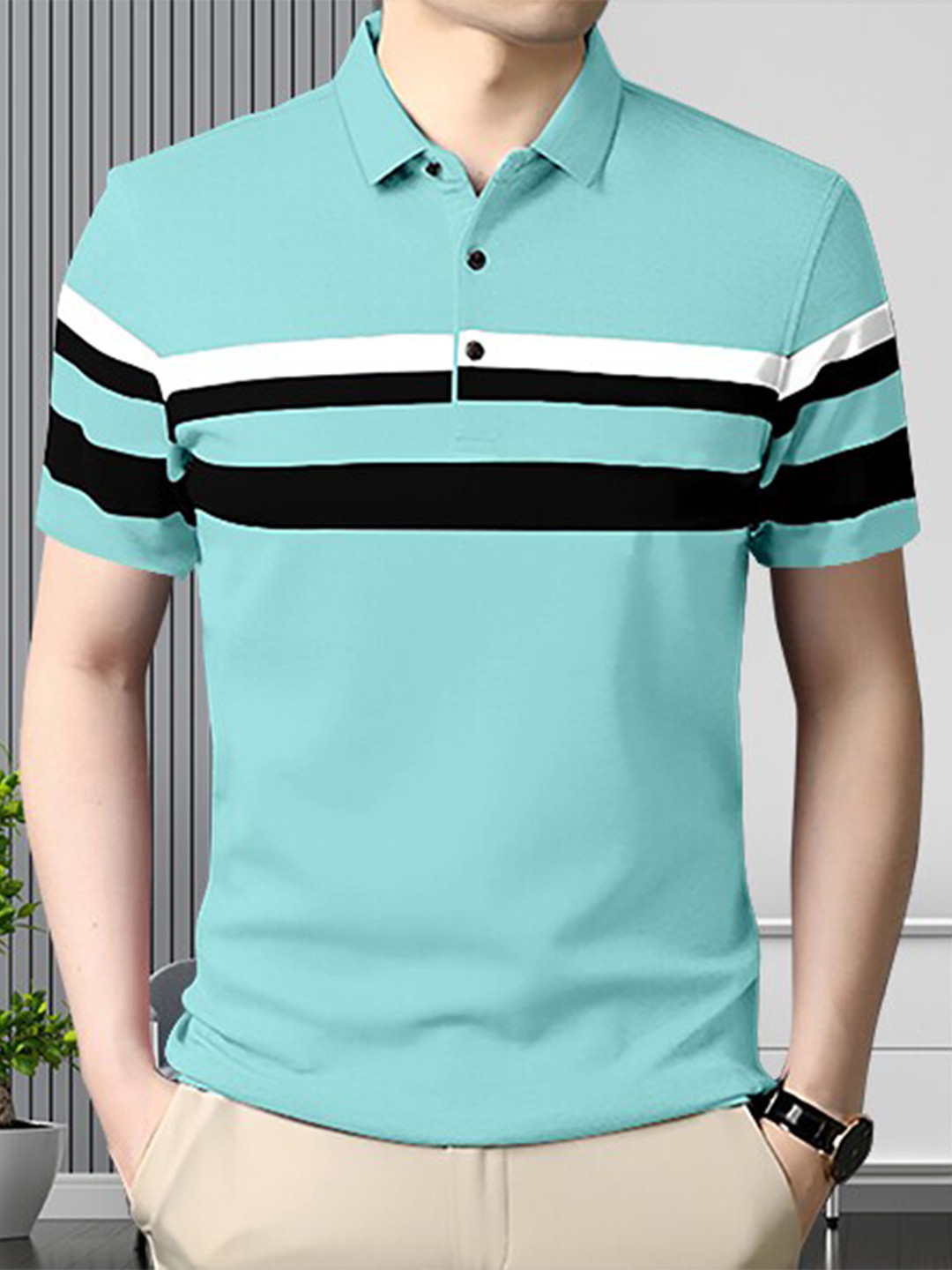 GESPO Striped Polo Collar Cotton T-shirt, Sea green
GESPO Striped Polo Collar Cotton T-shirt, Sea green