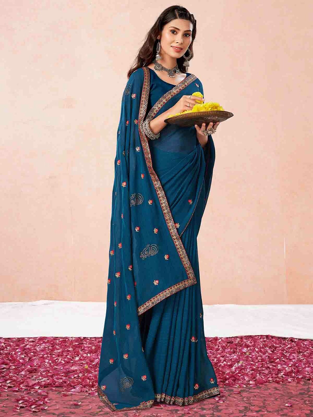 ODETTE Floral Embroidered Saree, Blue