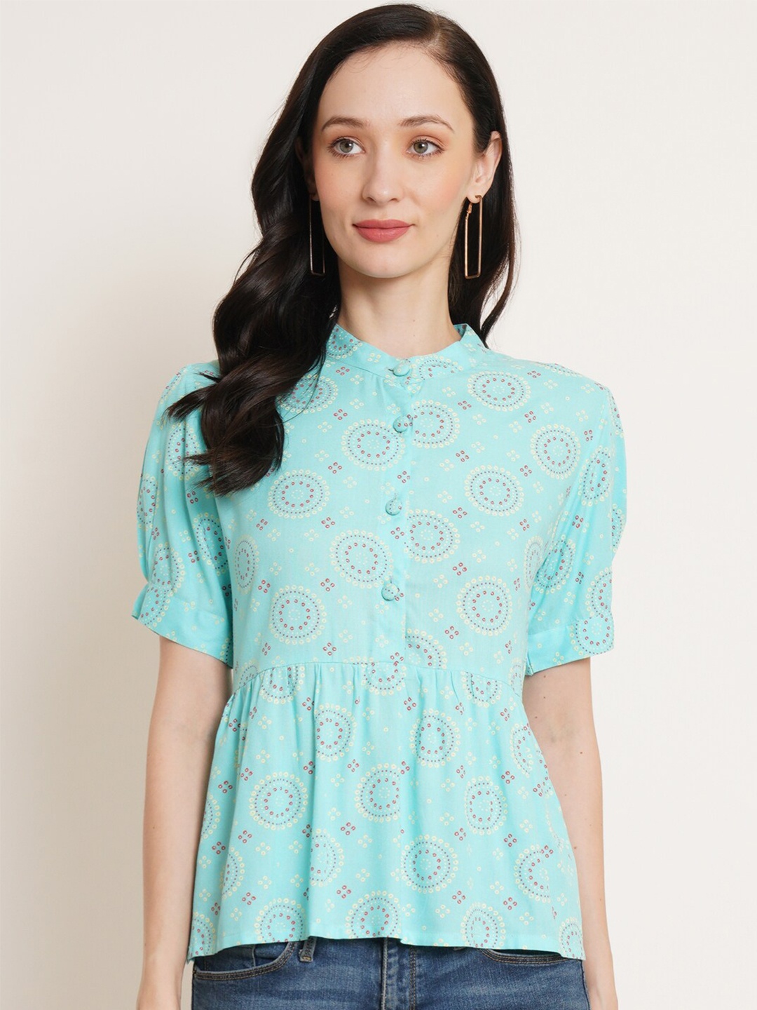 U&F Turquoise Blue Ethnic Motifs Printed Band Collar Puff Sleeves Pleated A-Line Top
U&F Turquoise Blue Ethnic Motifs Printed Band Collar Puff Sleeves Pleated A-Line Top