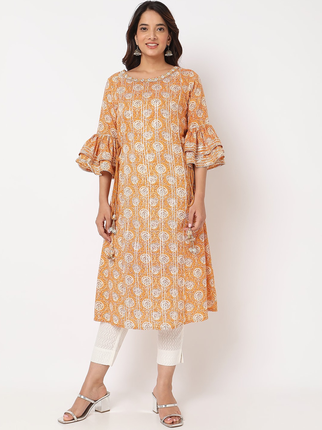 Ethnicity Ethnic Motifs Printed Bell Sleeves Mirror Work Gotta Patti Cotton Kurta, Peach
Ethnicity Ethnic Motifs Printed Bell Sleeves Mirror Work Gotta Patti Cotton Kurta, Peach