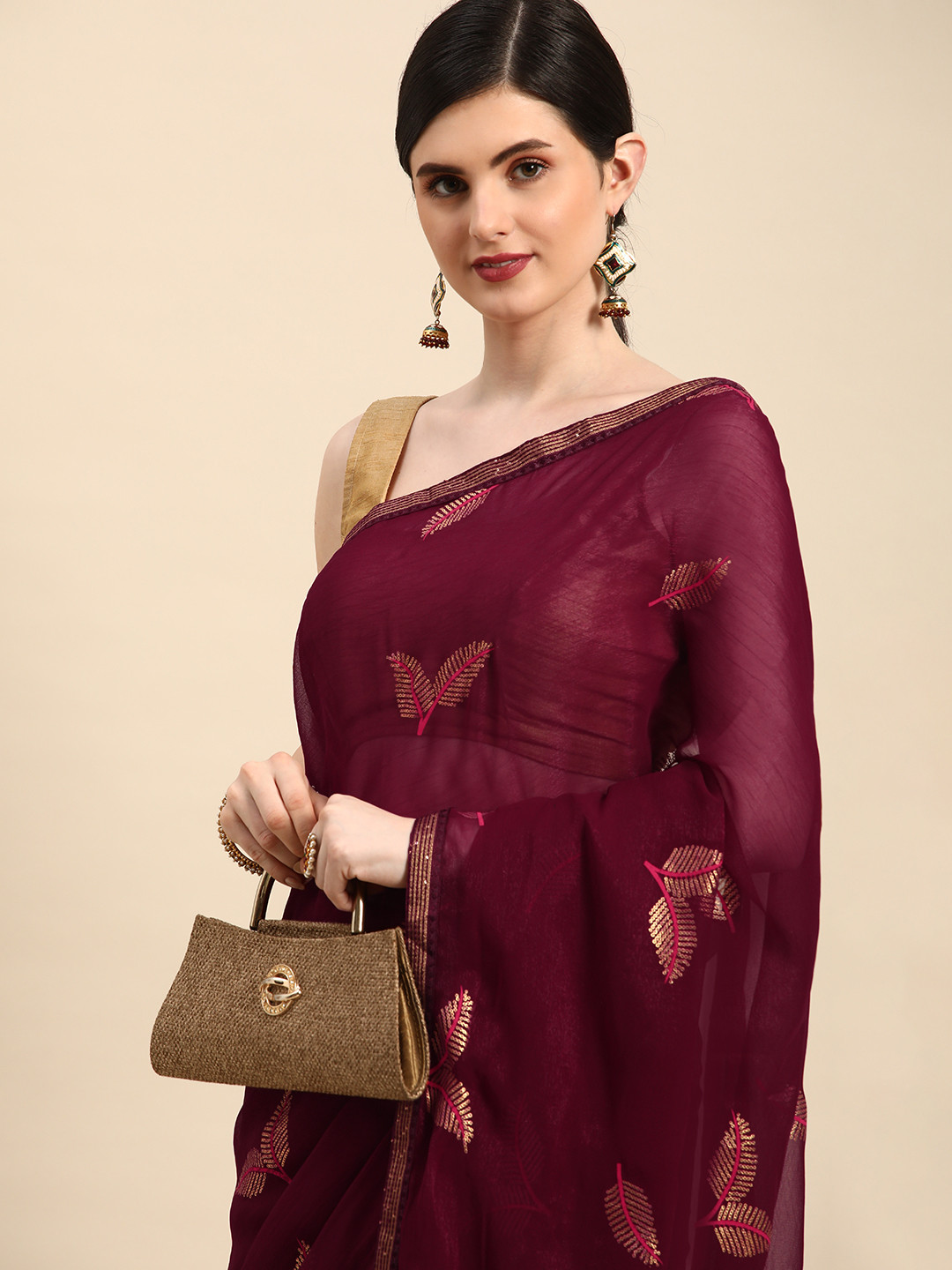 Indian Women Embellished Foil Print Saree, Burgundy
Indian Women Embellished Foil Print Saree, Burgundy