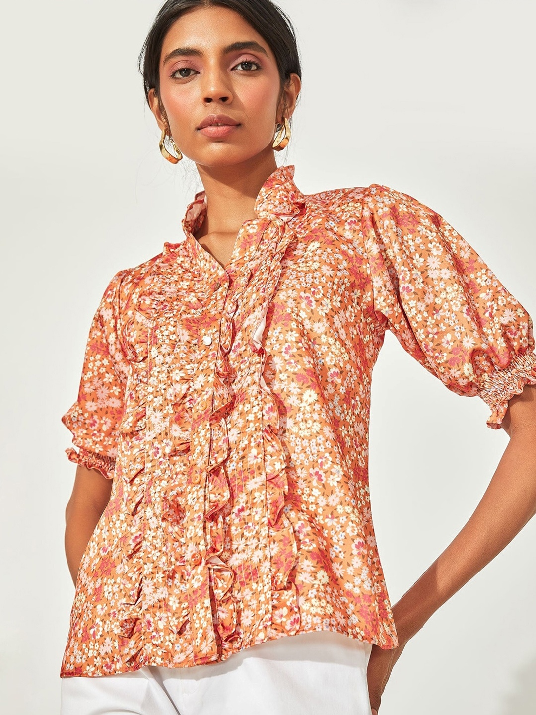 Emmyrobe Floral Printed Mandarin Collar Puff Sleeve Top, Orange