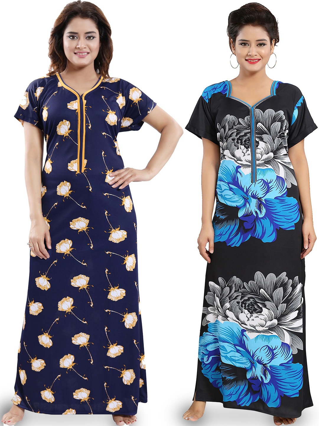SHOPPING STATION Pack Of 2 Floral Printed Satin Maxi Nightdress, Blue