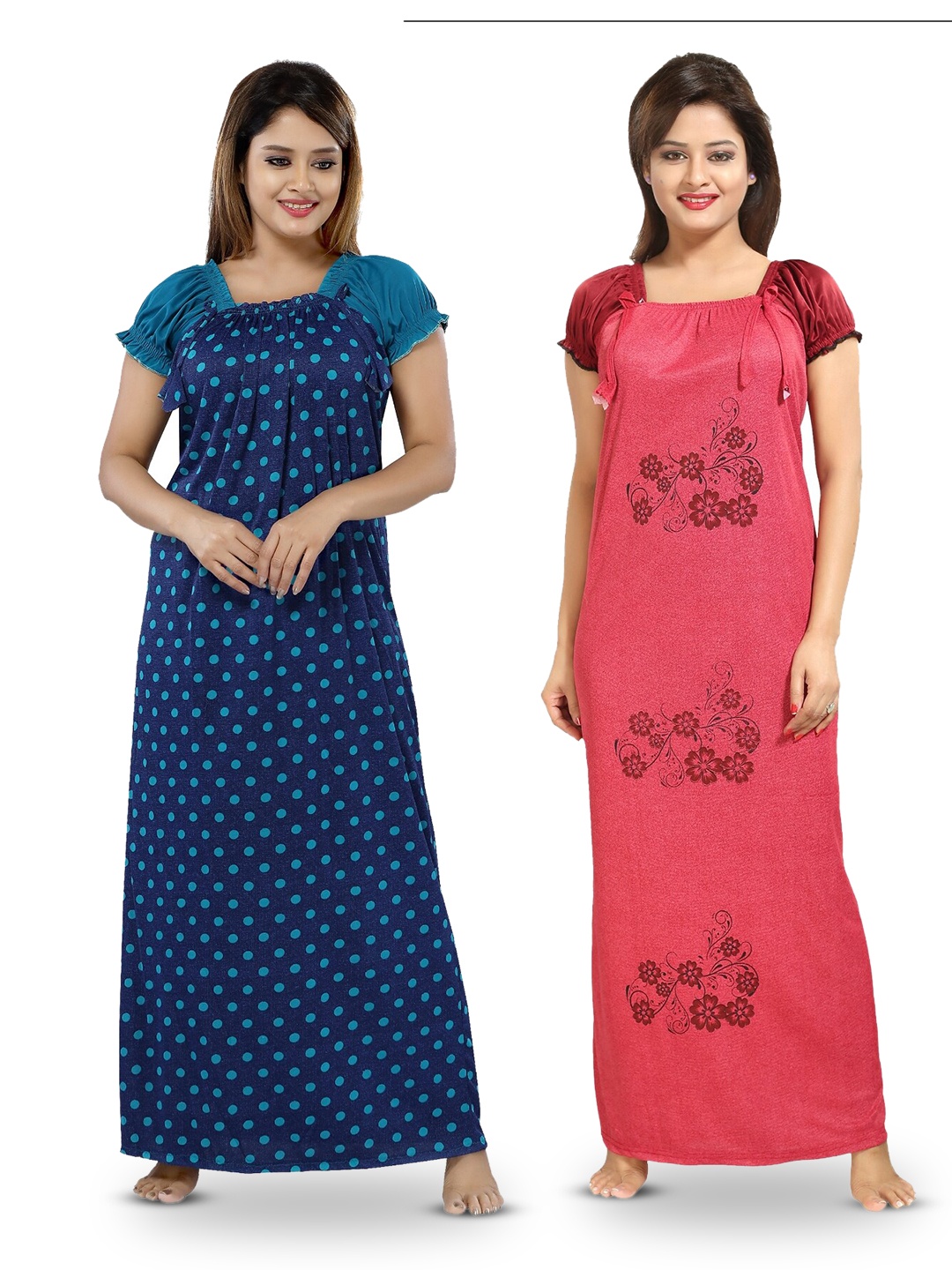 SHOPPING STATION Pack Of 2 Printed Square Neck Satin Maxi Nightdress, Navy blue