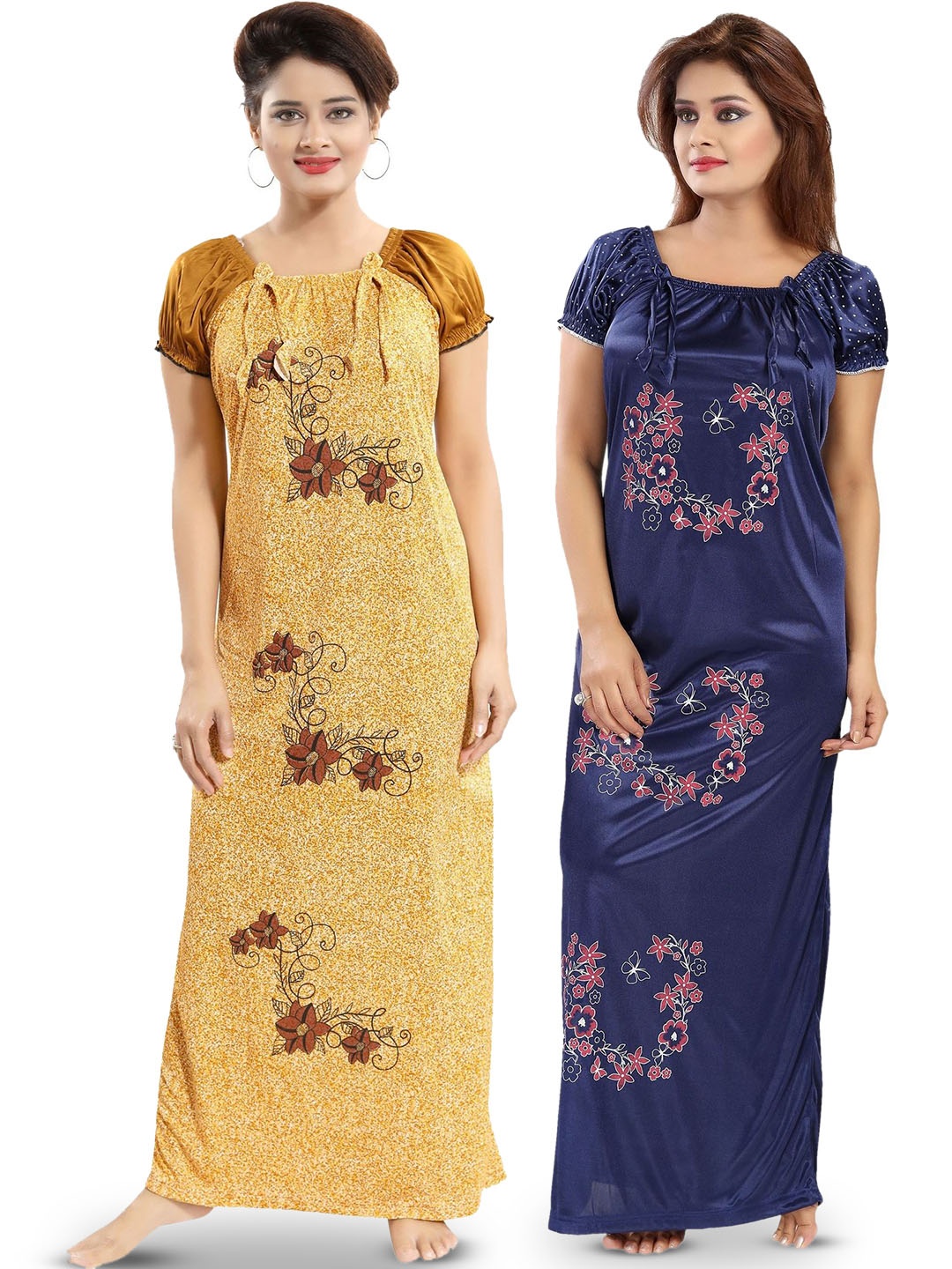 SHOPPING STATION Pack Of 2 Floral Printed Satin Maxi Nightdress, Blue