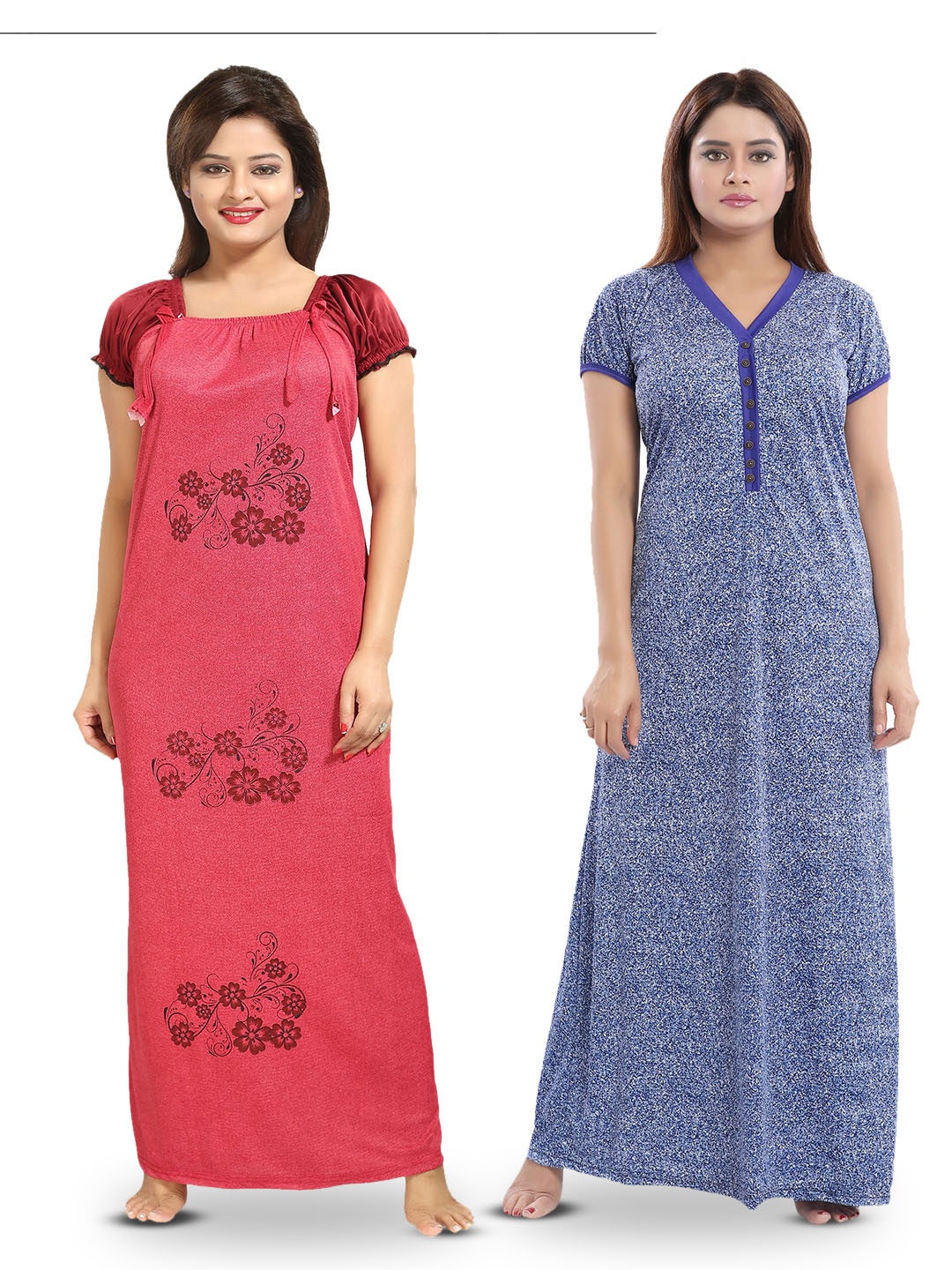 SHOPPING STATION Pack Of 2 Floral Printed Satin Maxi Nightdress, Red