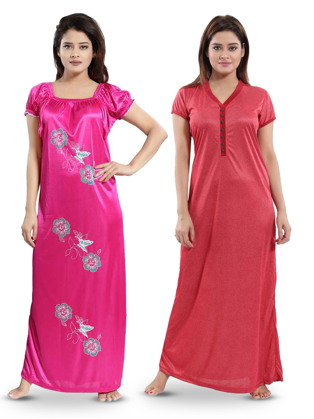 SHOPPING STATION Pack Of 2 Floral Printed Satin Maxi Nightdress, Red