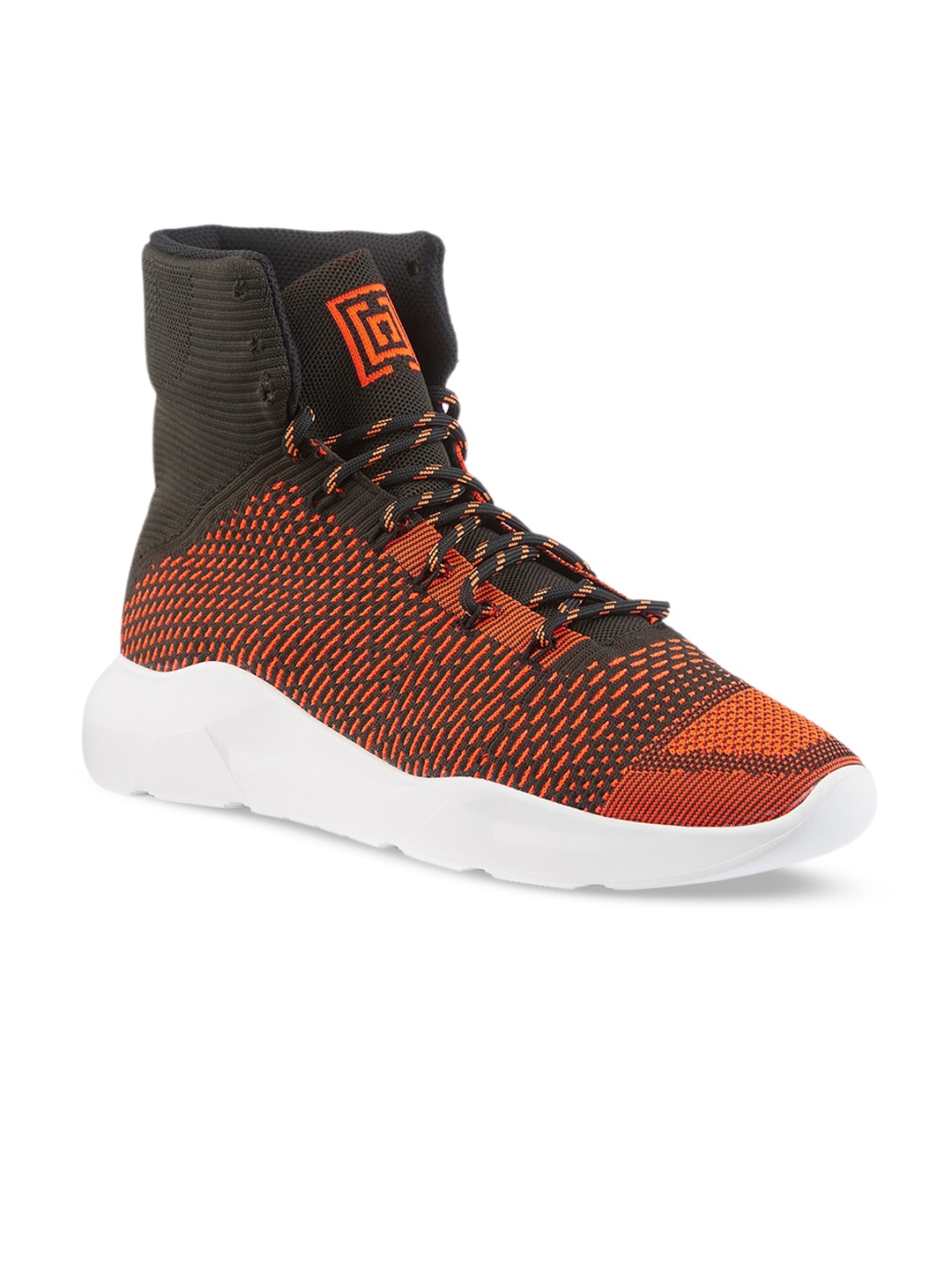 FREESOUL FREEBON Mid Top Woven Design Textile Contrast Sole Sneakers, Orange