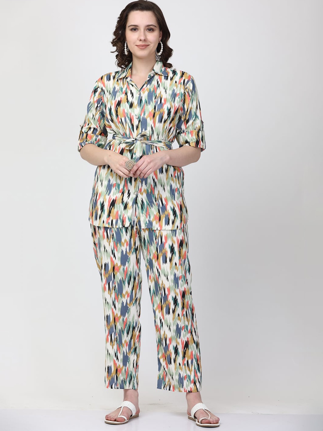 Clora Creation Abstract Printed Shirt & Trousers, White
