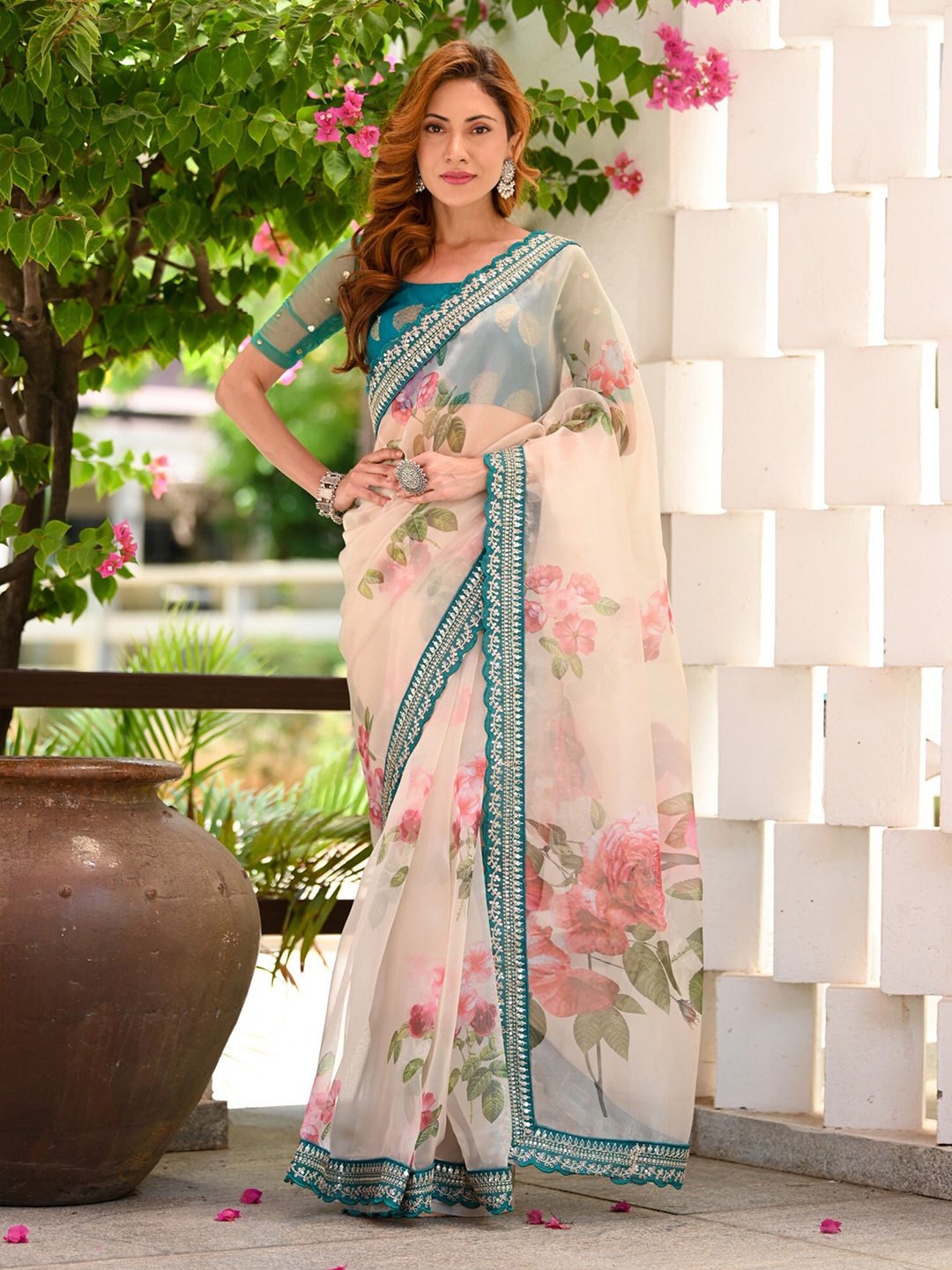 BEATITUDE Cream-Coloured & Pink Floral Sequinned Organza Saree