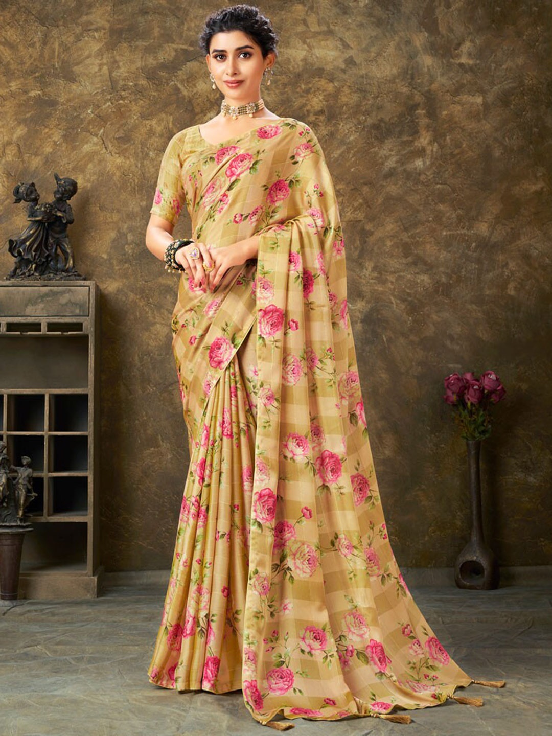 Vishal Prints Floral Printed Saree With Tassel, Brown