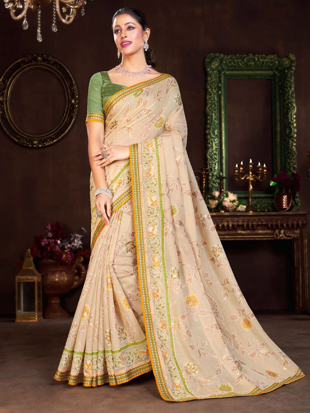 Vishal Prints Floral Printed Cotton Brasso Saree, Peach
