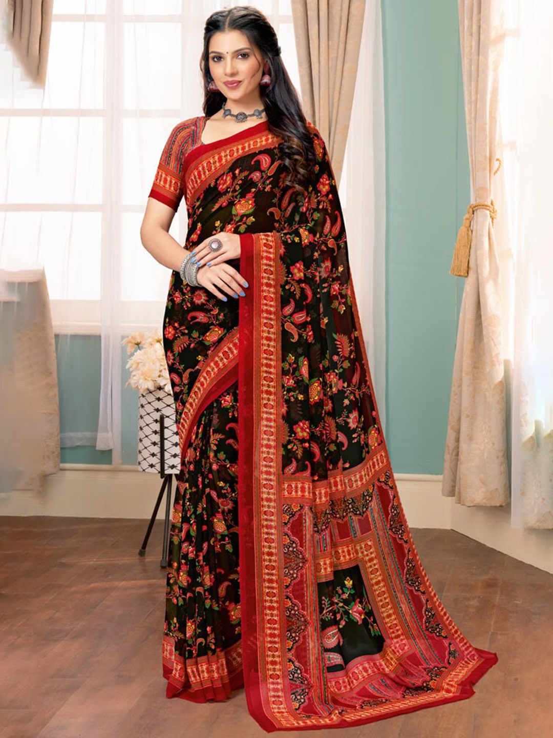 Vishal Prints Paisley Printed Georgette Saree, Black