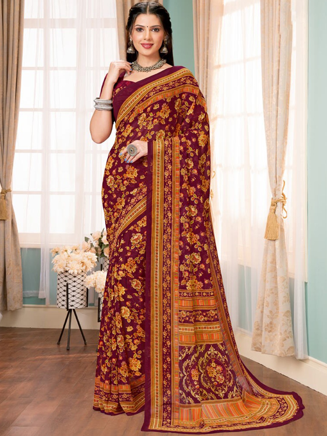 Vishal Prints Poly Georgette Floral Printed Saree, Maroon
