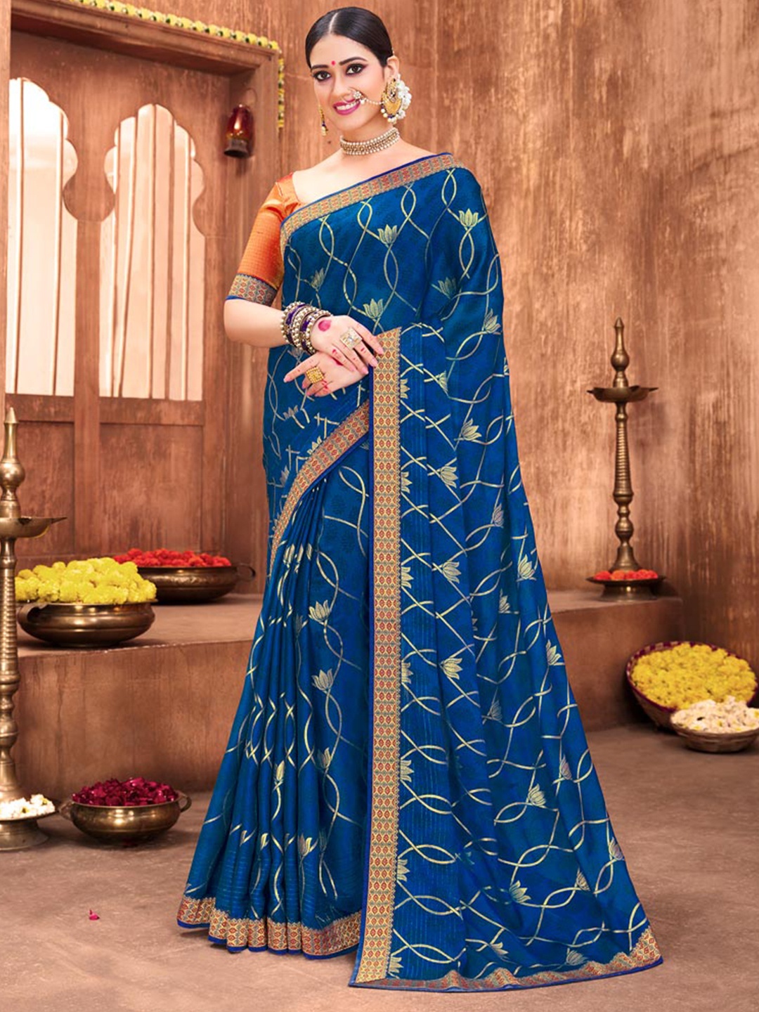 Vishal Prints Floral Printed Poly Chiffon Saree With Zari Border, Blue