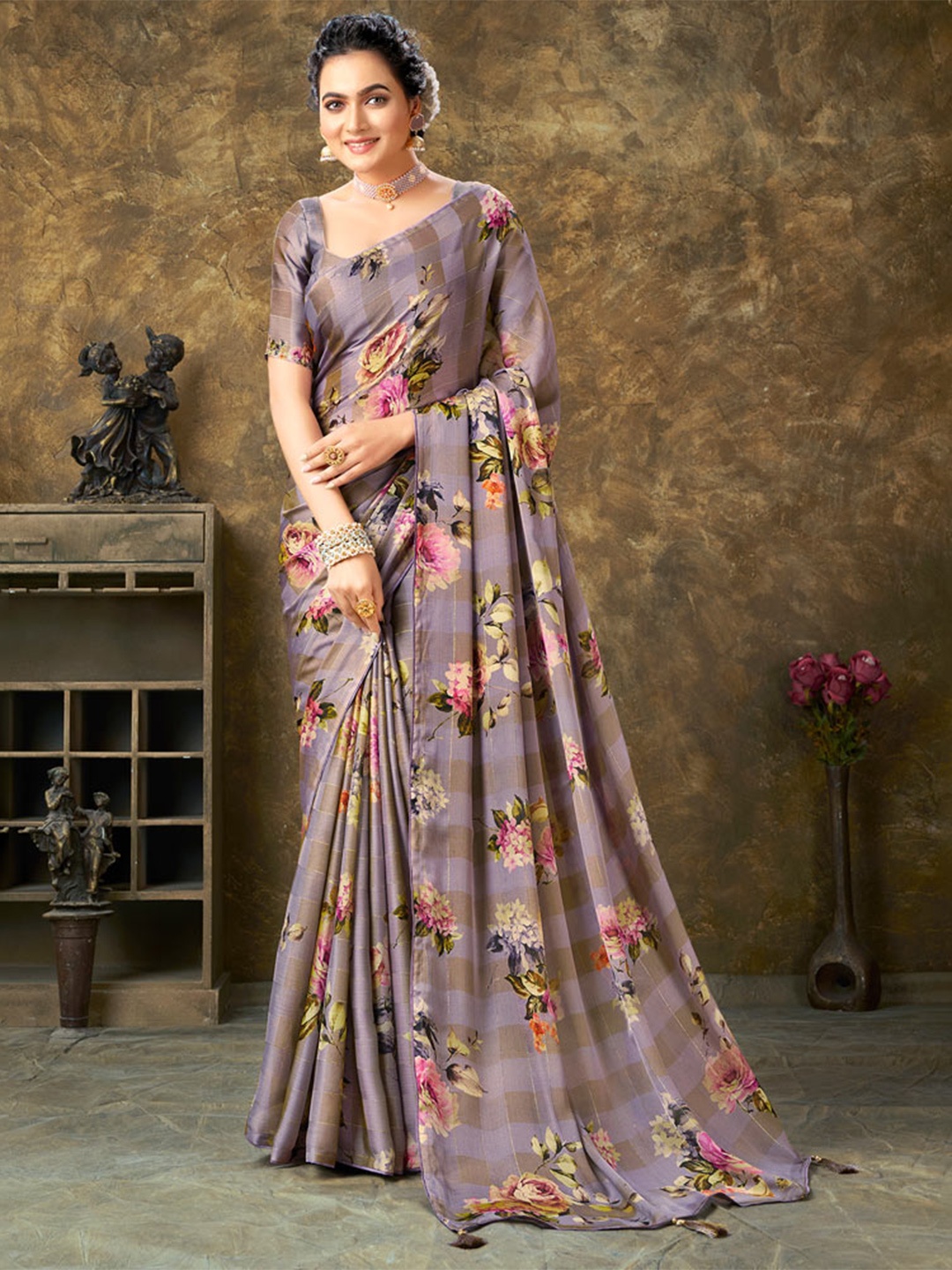 Vishal Prints Floral Printed Poly Chiffon Saree, Lavender