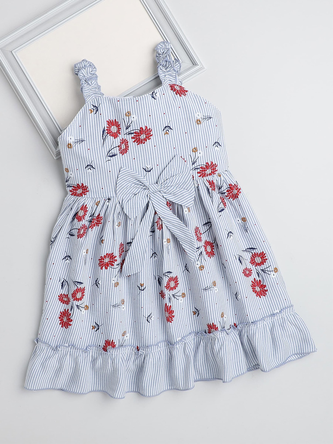 The Magic Wand Girls Floral Printed Striped Cotton Fit & Flare Dress, Blue