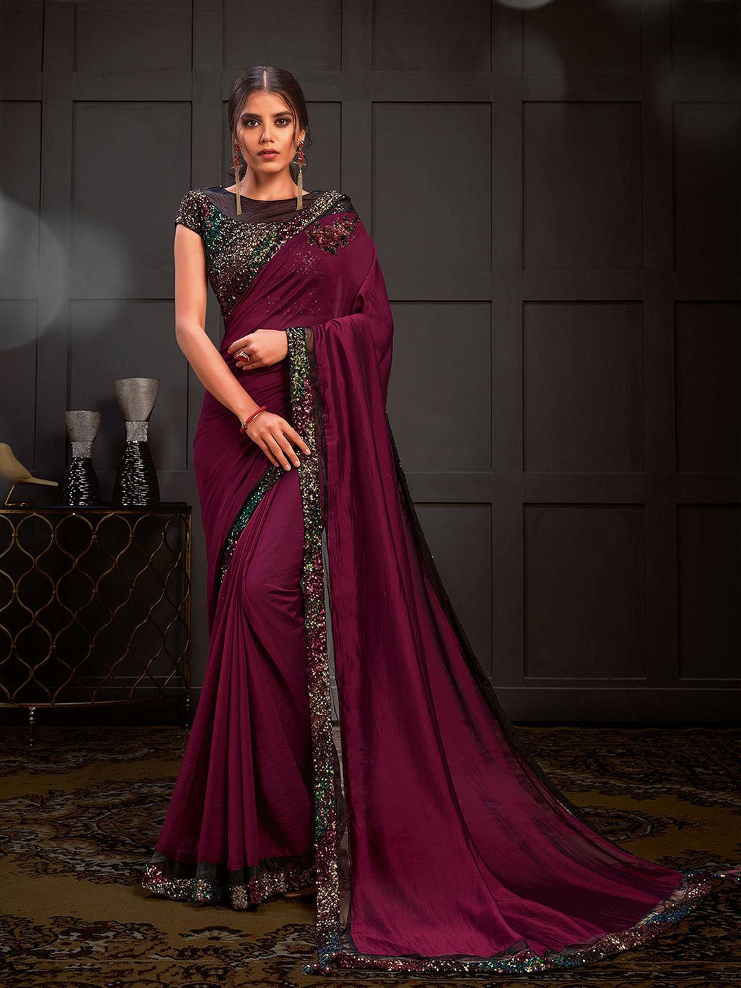 ODETTE Sequinned Net Saree, Purple