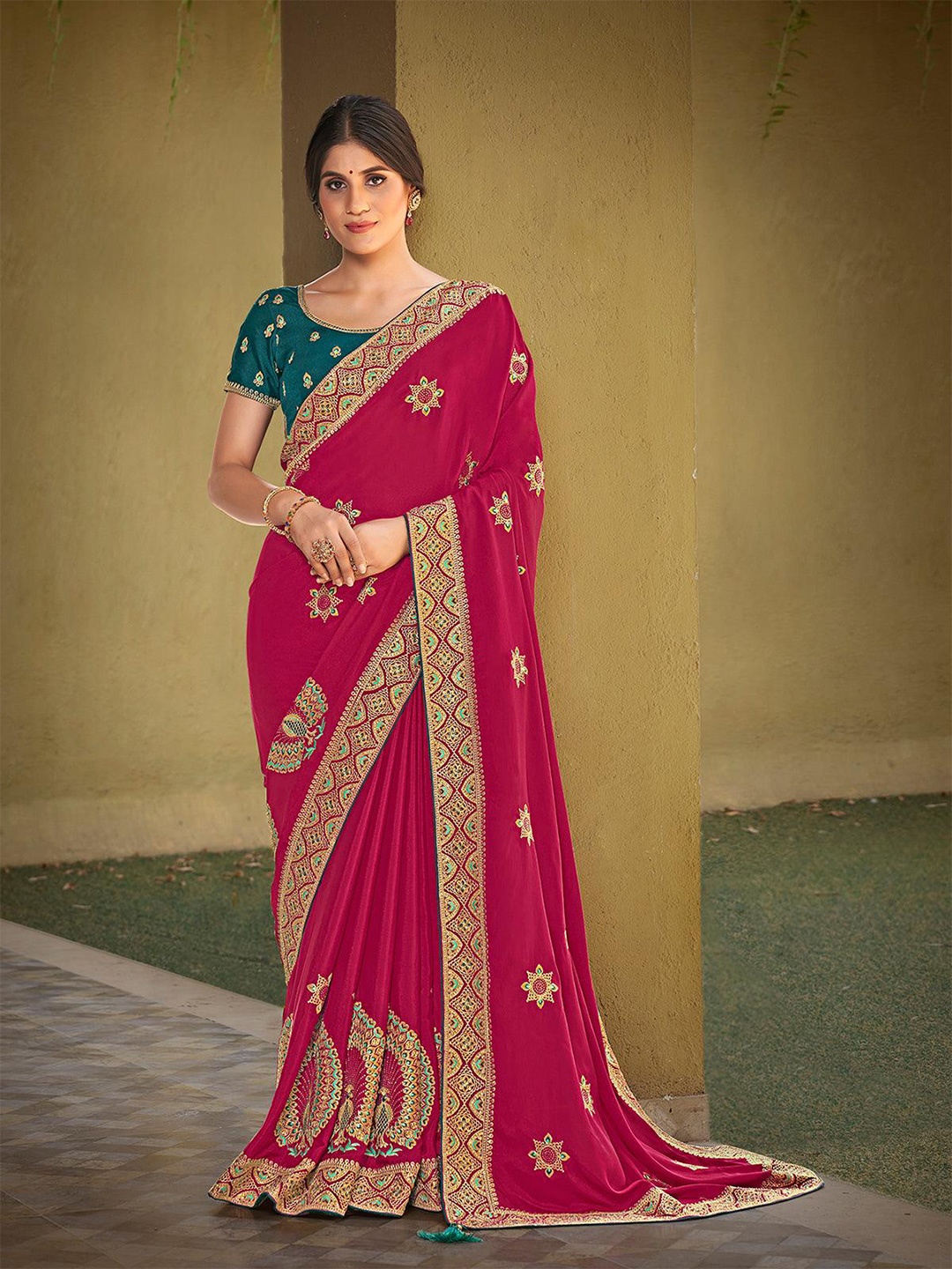 ODETTE Red & Green Embellished Embroidered Silk Blend Saree