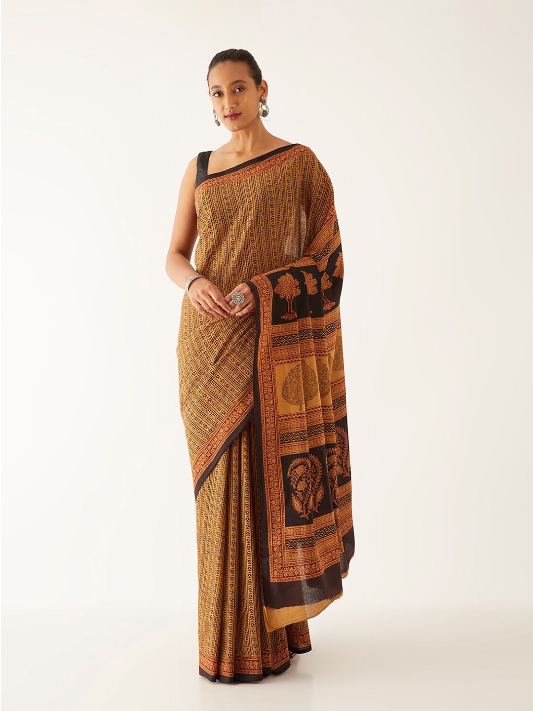 Taneira Bagh Printed Pure Cotton Bagh Saree, Beige