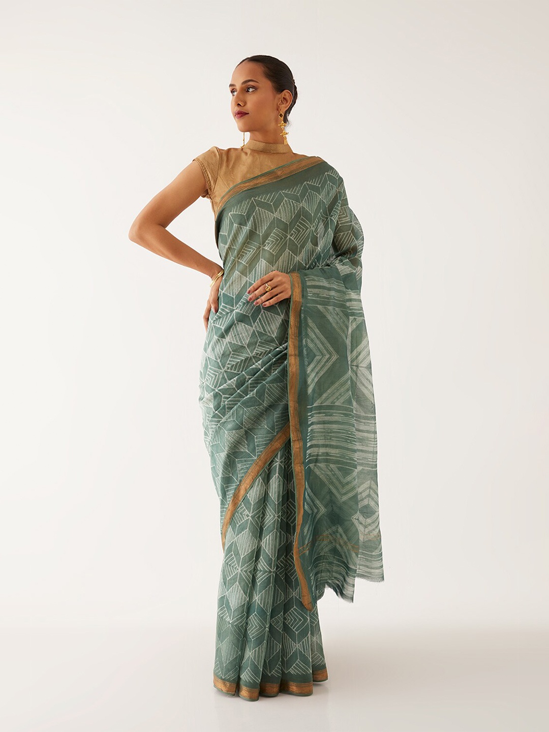 Taneira Geometric Printed Zari Silk Cotton Bagru Saree, Green