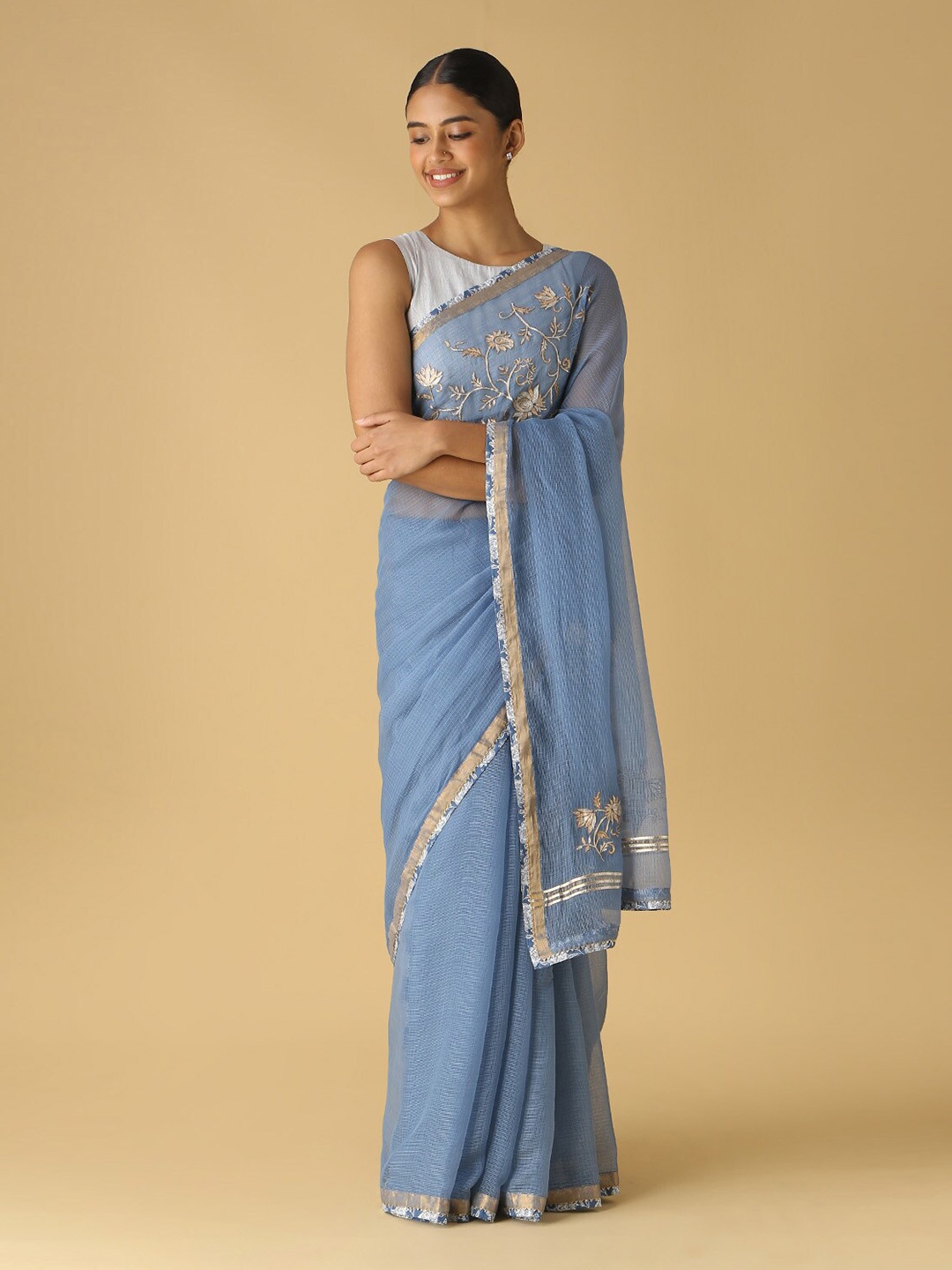 Taneira Floral Printed Zari Pure Silk Saree, Blue