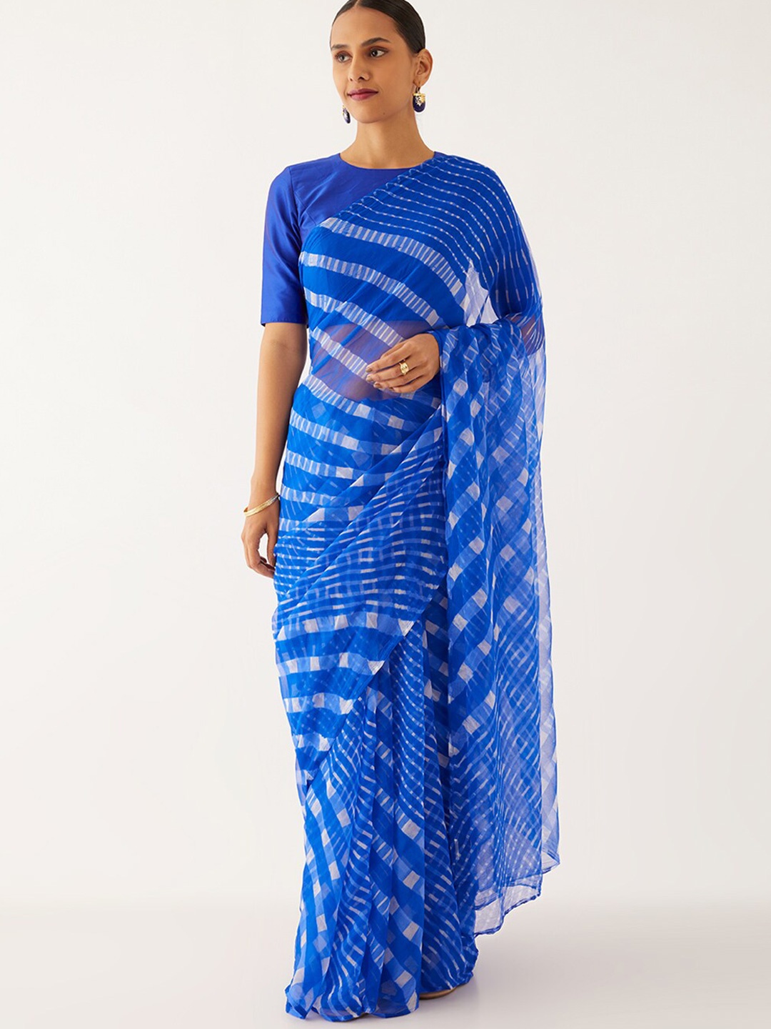 Taneira Striped Pure Chiffon Saree, Blue
