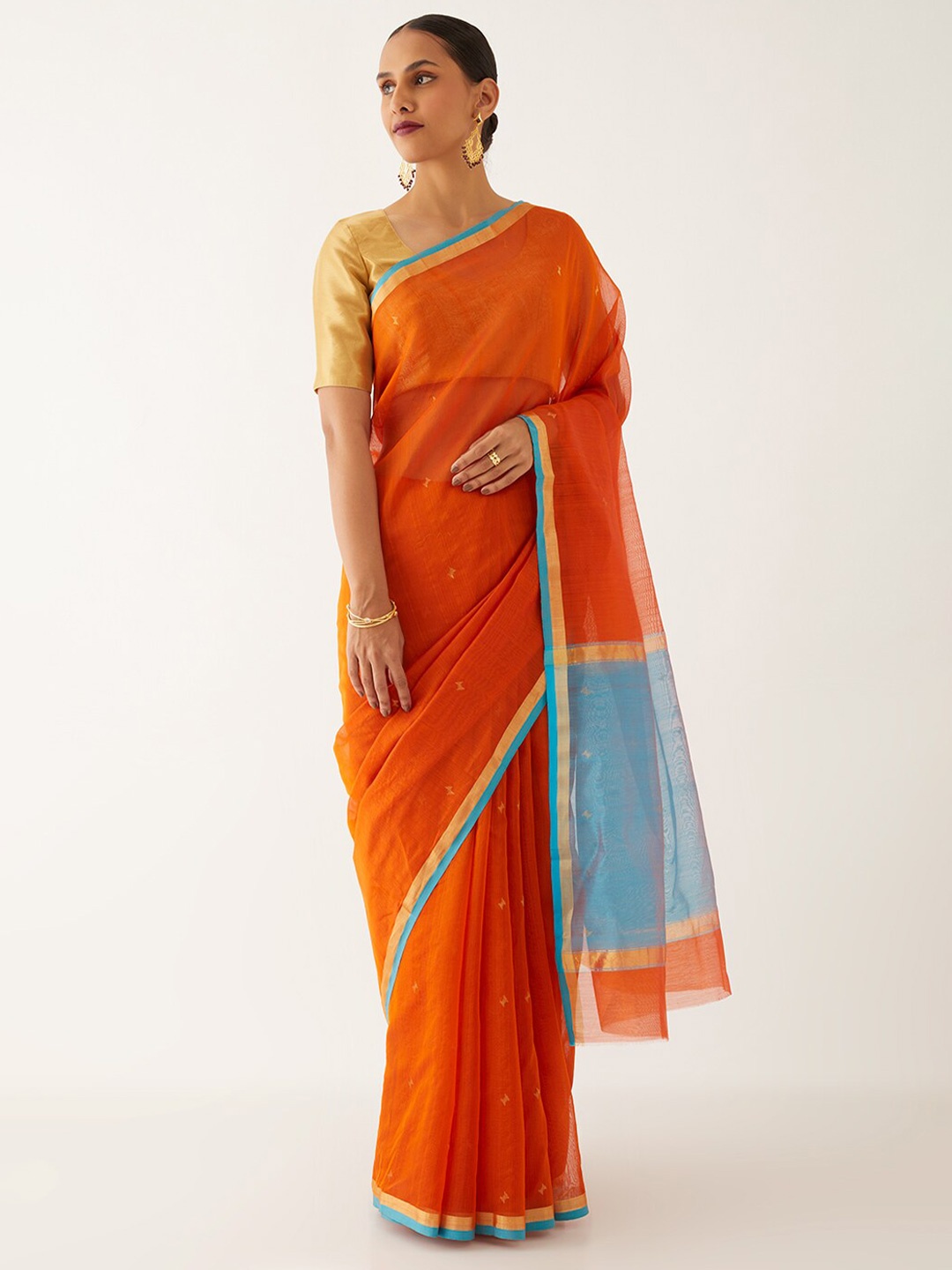Taneira Woven Design Zari Silk Cotton Chanderi Saree, Orange