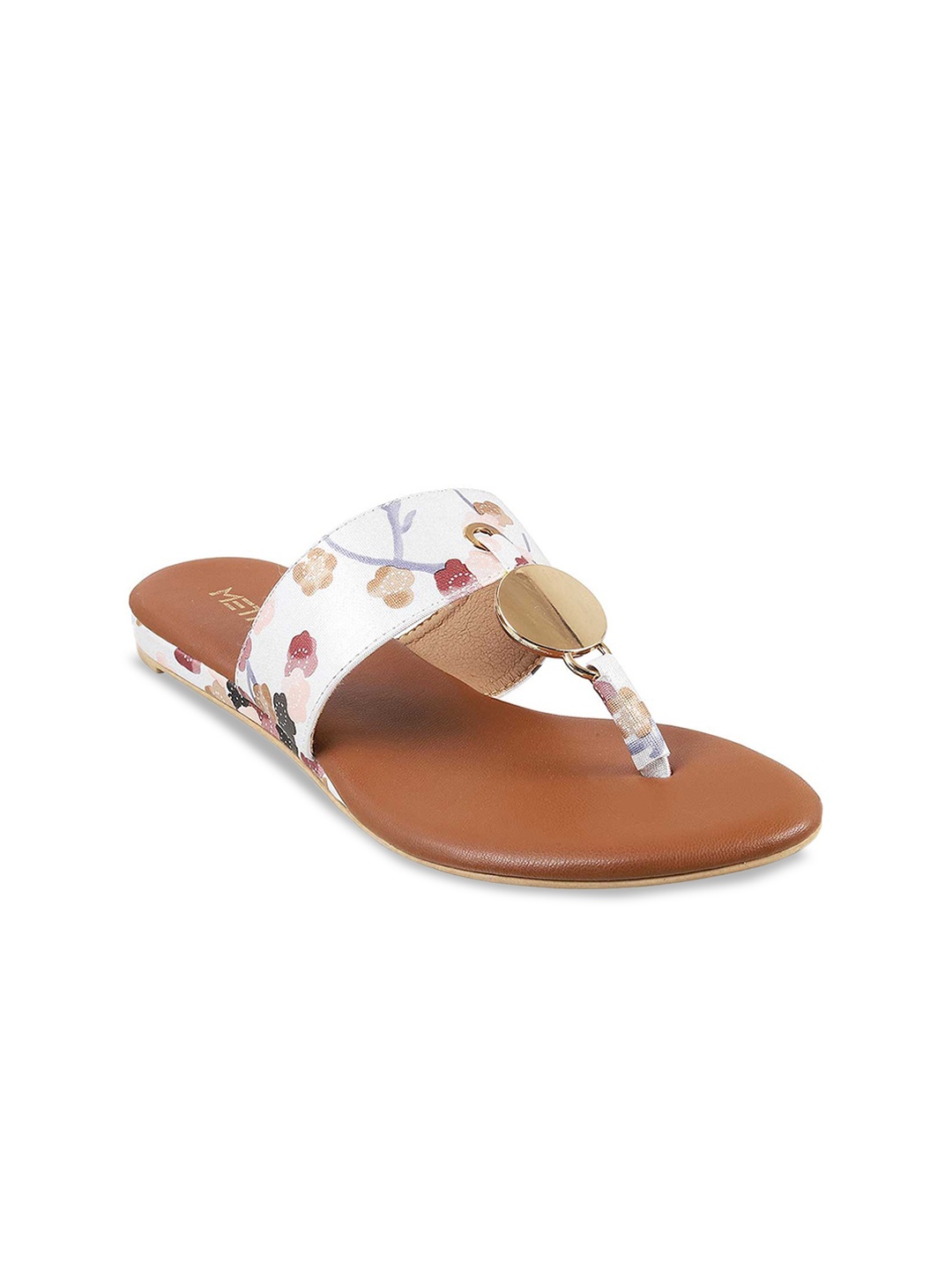 Metro Printed T-Strap Flats, White