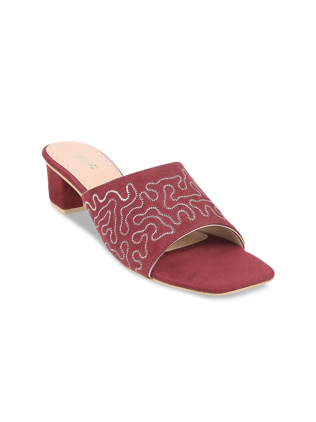 Metro Embroidered Open Toe Block Heels, Maroon