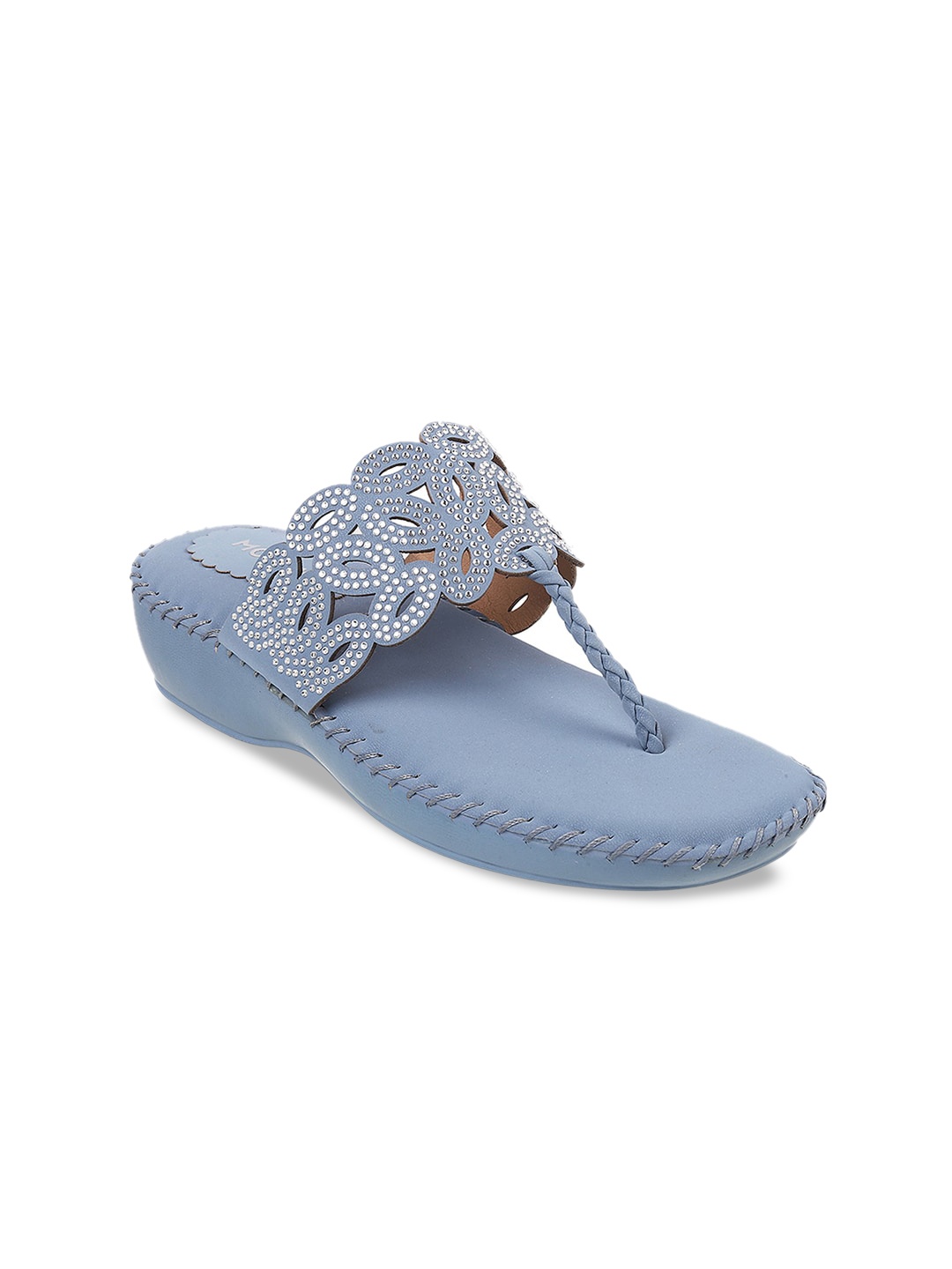 Mochi Embellished T-Strap Flats With Laser Cuts, Blue