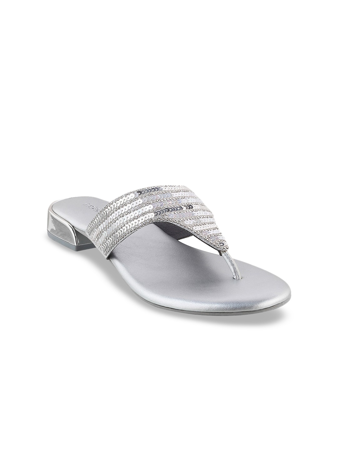 Mochi Embellished T-Strap Flats, Silver