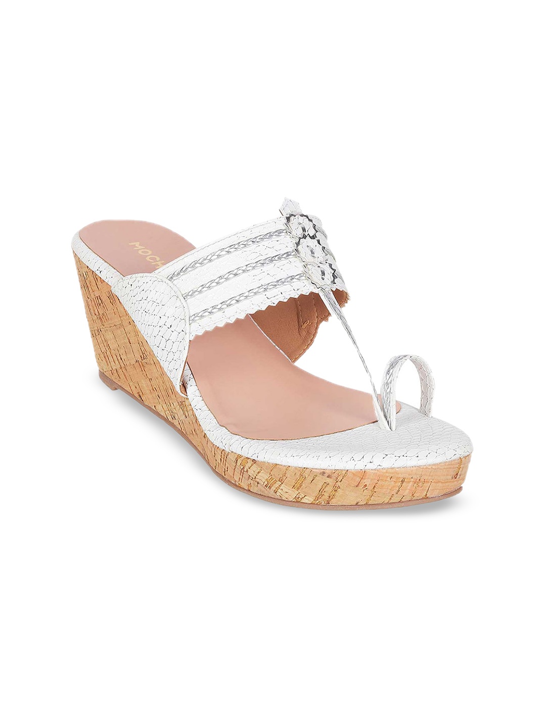 Mochi Embellished Open Toe Wedge Heels, White