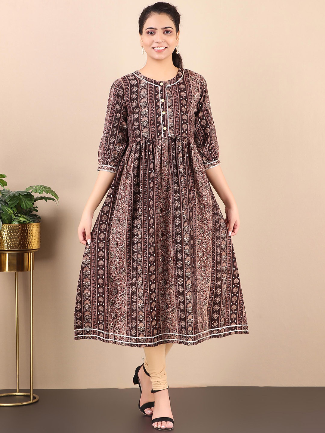 V TRADITION Ethnic Printed Printed A-Line Kurta, Brown