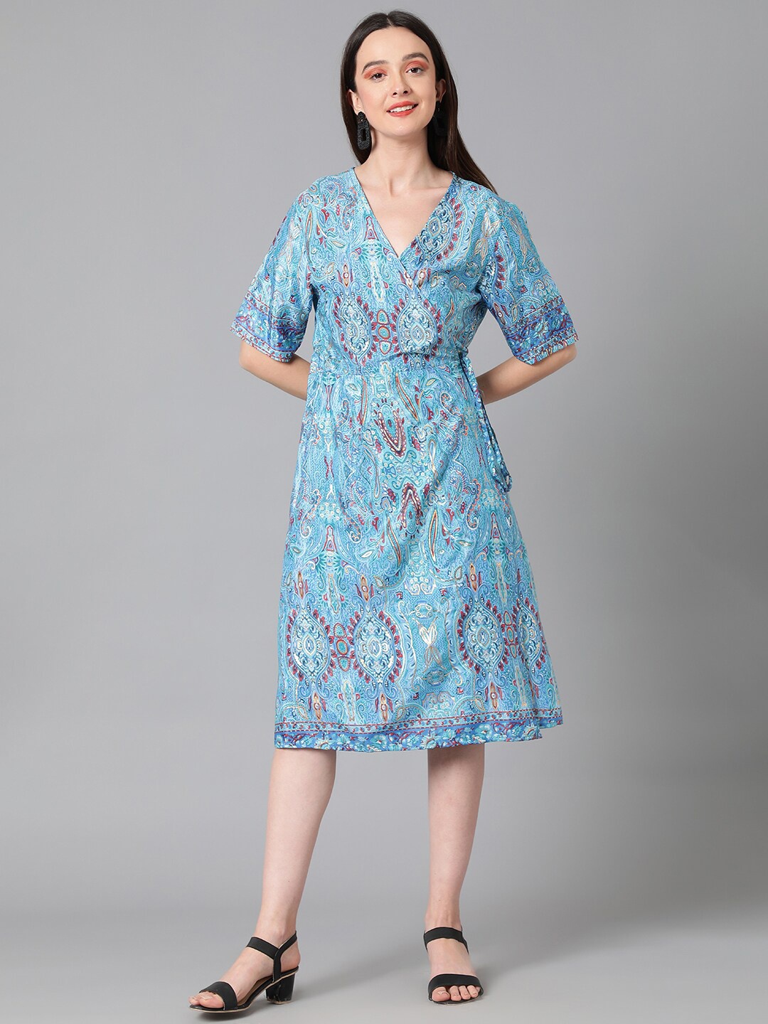 Kotty Ethnic Motifs Printed Midi Wrap Dress, Blue