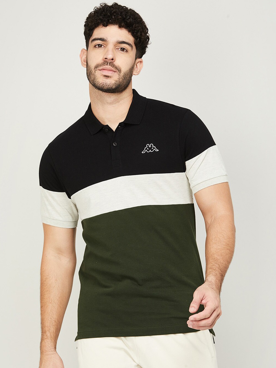 Kappa Colourblocked Polo Collar Cotton Casual T-shirt, Olive