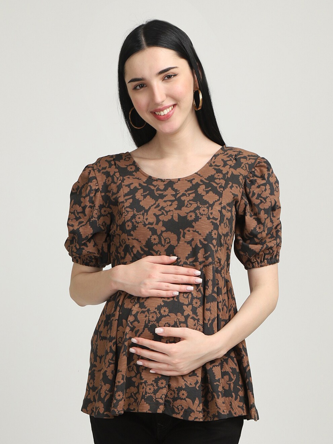 The Mom Store Floral Printed Puff Sleeves Maternity Cotton Peplum Top, Brown