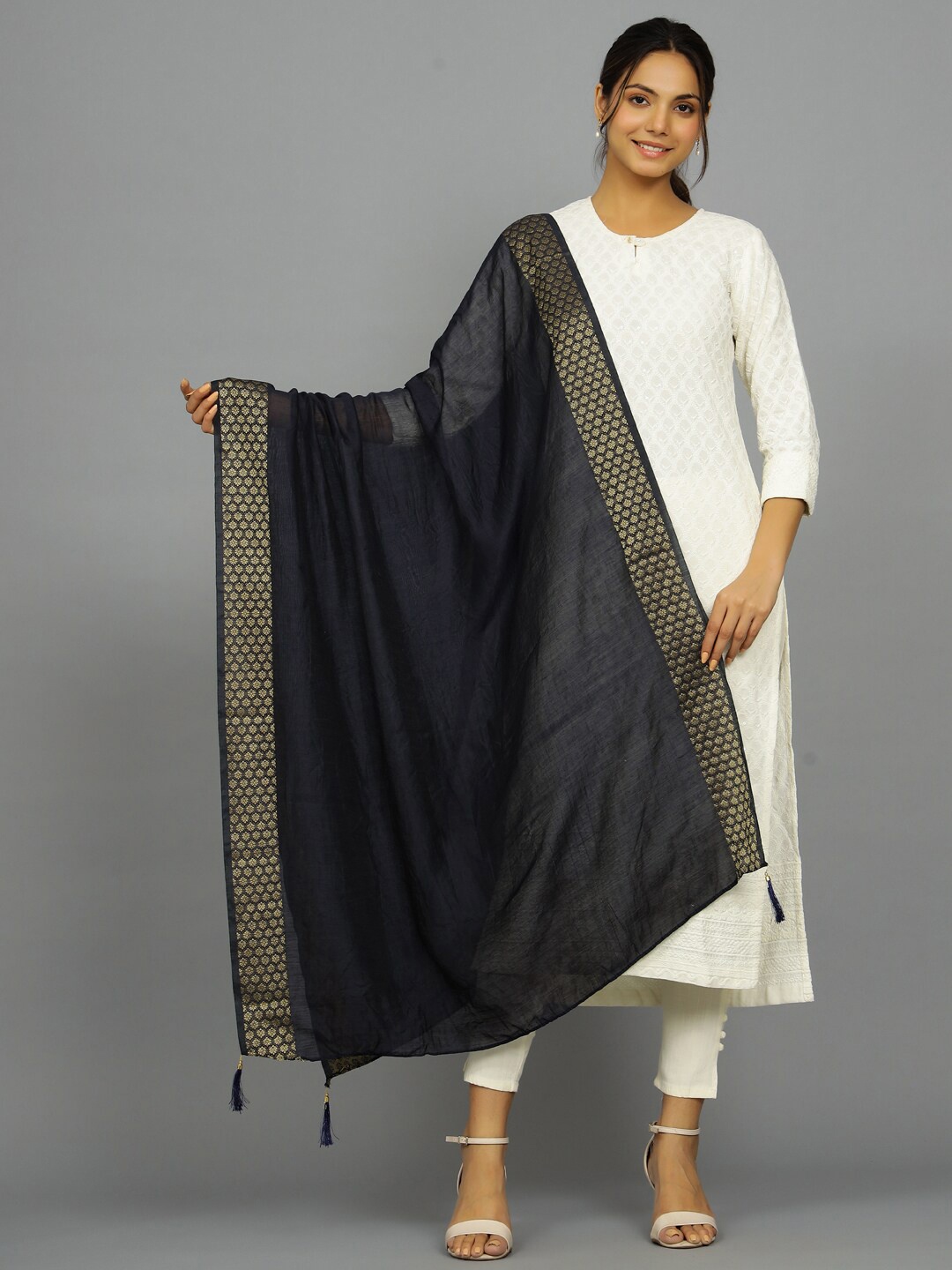 HANDICRAFT PALACE Woven Border Cotton Chanderi Dupatta, Navy blue