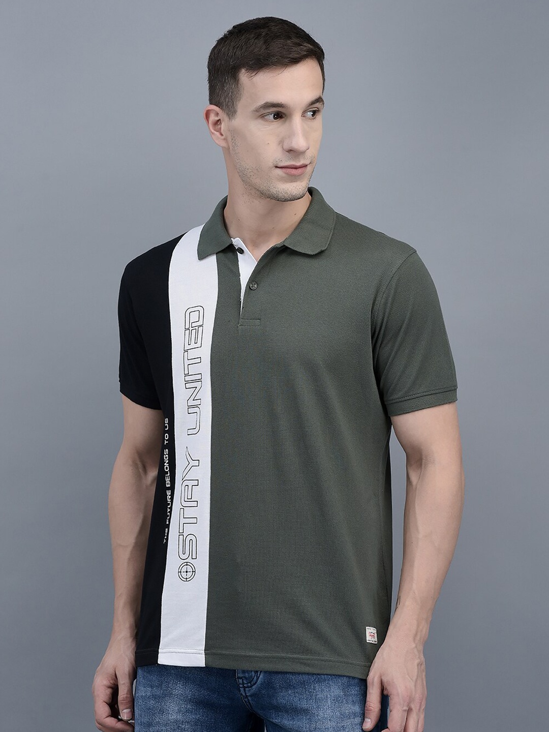 COBB Colourblocked Polo Collar Regular Fit Cotton T-shirt, Olive