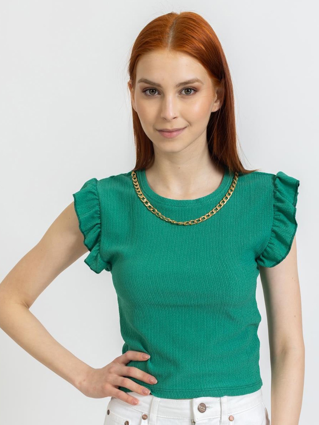 PRET A TUER Round Neck Flutter Sleeves Top, Green