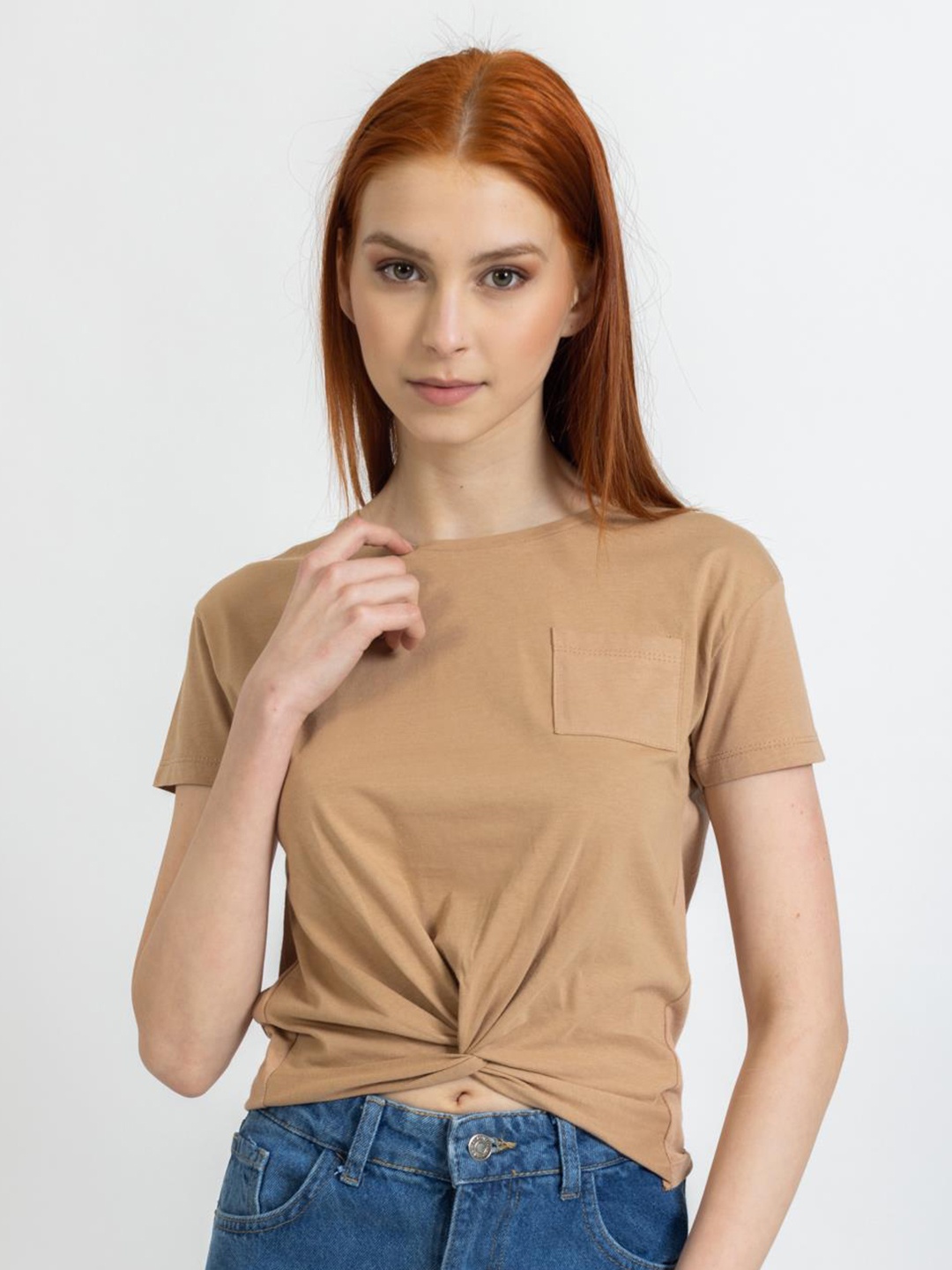 PRET A TUER Knotted Pocket Detailed Short Sleeves Pure Cotton T-shirt, Tan
