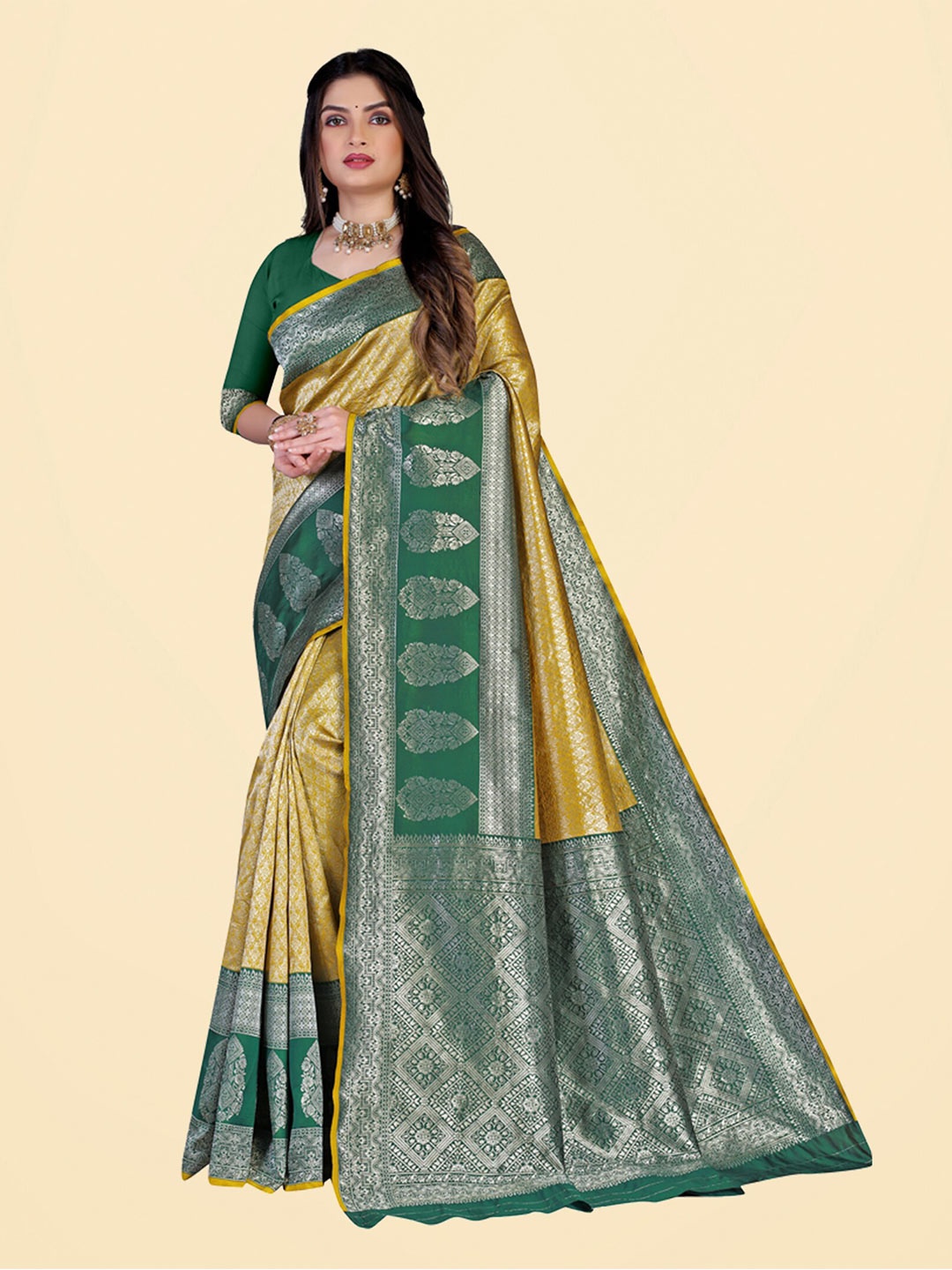 N N ENTERPRISE Woven Design Zari Kanjeevaram Saree, Yellow