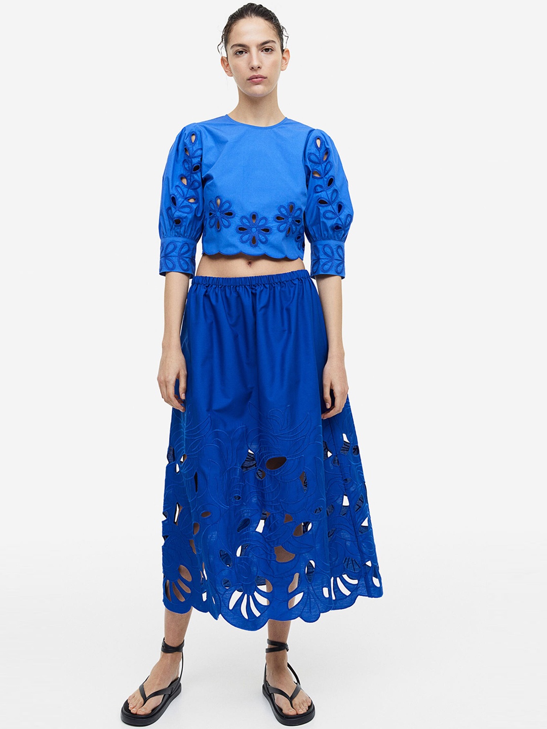 H&M Women Embroidered Pure-Cotton A-Line Skirt, Blue
