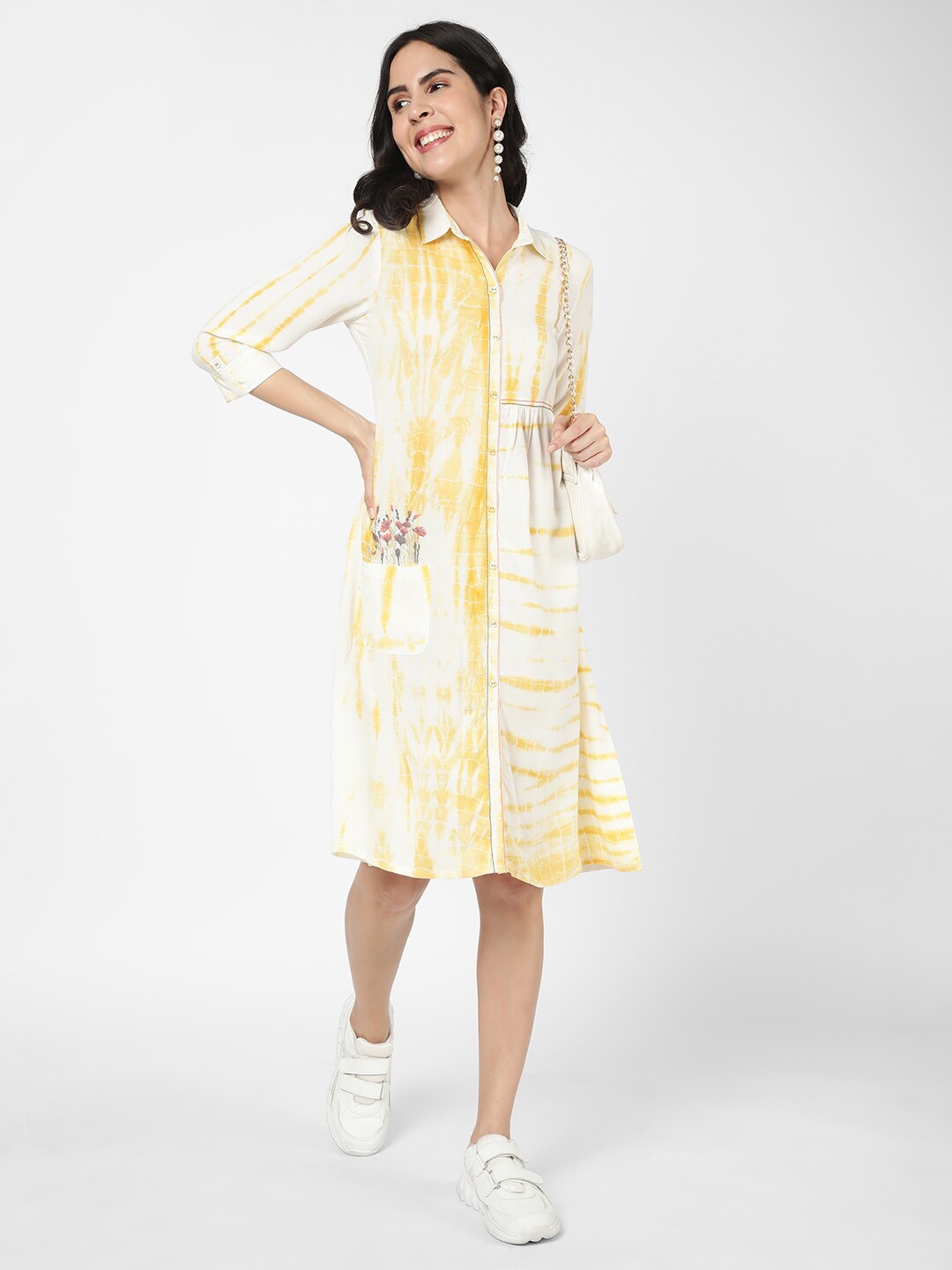 R&B Tie & Dyed Embroidered Shirt Dress, Yellow