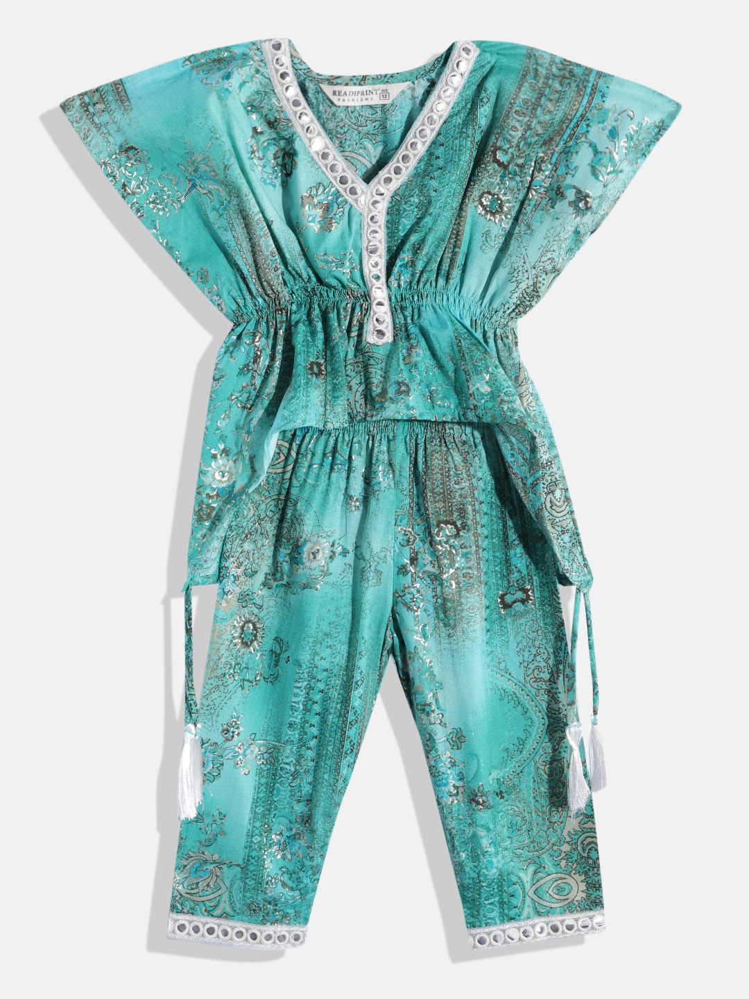 Readiprint Girls Floral Printed Mirror Work Pure Cotton Kaftan Top With Trousers, Green
Readiprint Girls Floral Printed Mirror Work Pure Cotton Kaftan Top With Trousers, Green