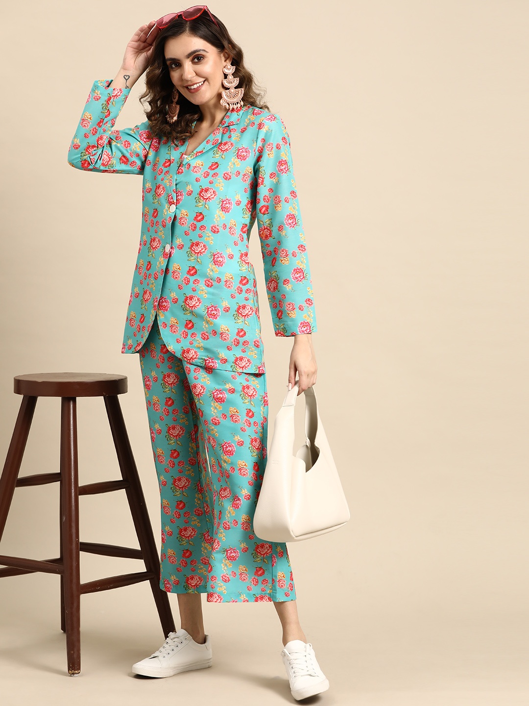 Sangria Women Floral Printed Co-Ords, Turquoise blue